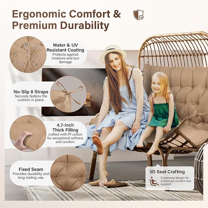 Waterproof Porch Swing Cushions 60 Inch,2 3-Seater Replacement for Outdoor Furniture with Backrest and Straps, Thick 4" Swing Seat Bench Cushion for Loveseat Glider Bench Patio Lawn Backyard