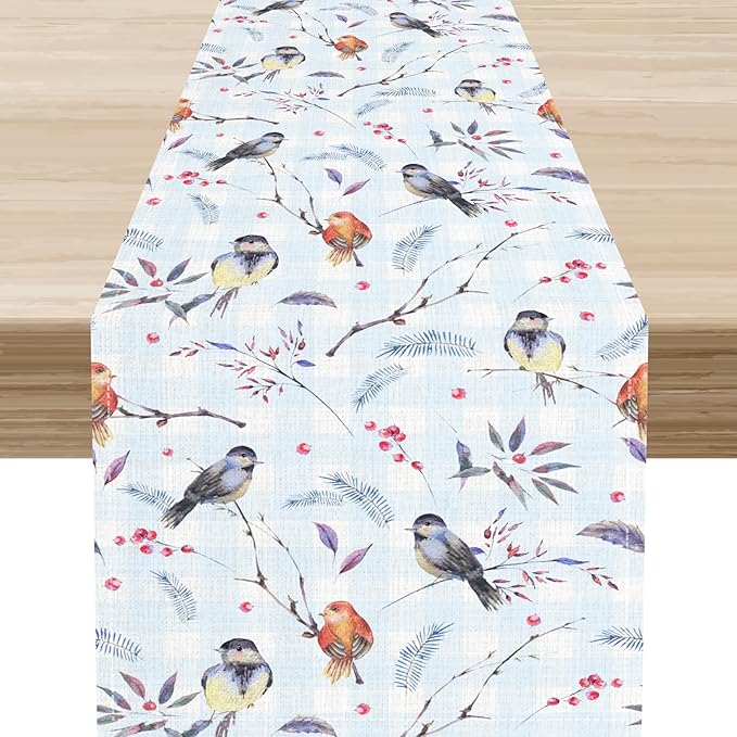 Floral Birds Branches Table Runner, Watercolor Blue Grid Leaf Seasonal Spring Country Coffee Table Center Decor for Kitchen Family Rustic Farmhouse and Living Room Table Decorations, 13" X 36"