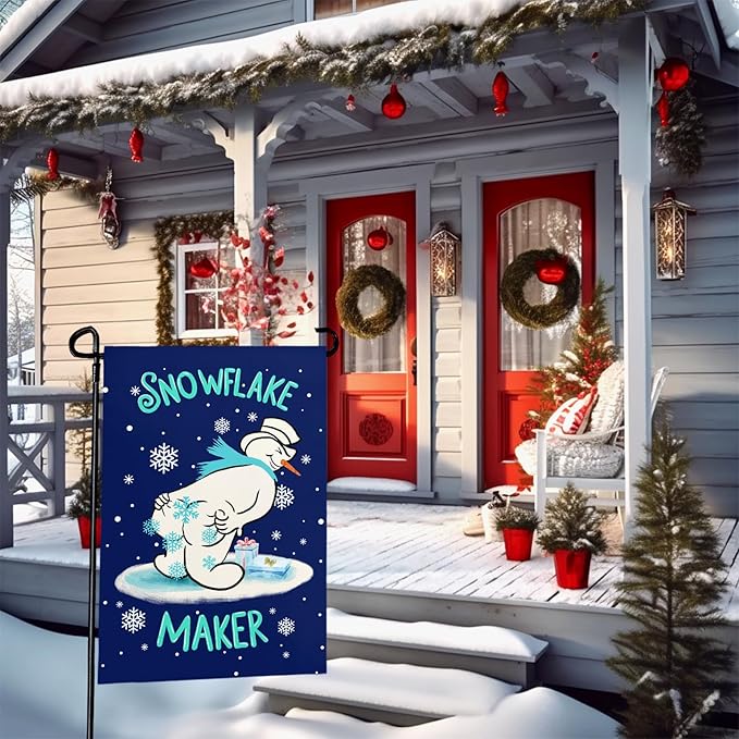 Winter Garden Flag Snowman Snowflake Maker Yard Flags Double Sided Christma Vertical Wall Banners Xmas Gift House Banner for Holiday Farmhouse Outdoor Decoration 12x18 Inch