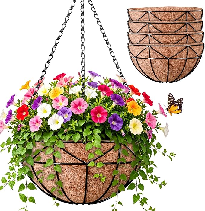 Halatool 4 Pack 12 Inch Hanging Baskets for Plants Outdoor- Small Hanging Garden Planters with Coco Liner for Outside, Empty Metal Wire Flower Holder Hanger Pot for Wall Patio Porch Balcony Decoration