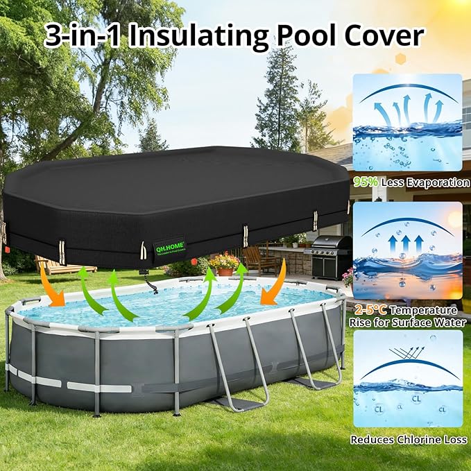 QH.HOME 550D 9x18 Ft Oval Pool Cover [Upgraded Tear Resistant & Quadruple Windpoof] wth Pre-Installed Patented Winch and Rope,Pool Covers for Above Ground Pools Oval-Snug Fit & Waterproof Protection