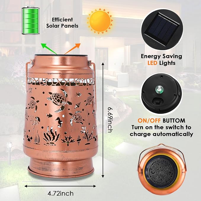 Turtle Gifts for Women Mom, Sea Turtle Solar Lantern Outdoor, Metal Hanging Garden Decor Light for Patio Yard Porch, Waterproof Solar Light Auto On/Off