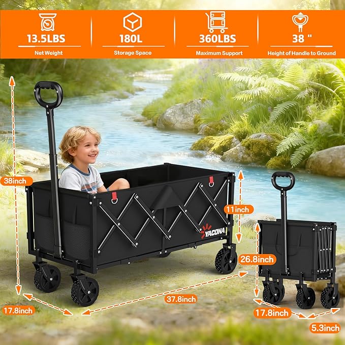 35" L Extra Long Wagons Carts Foldable, 360LBS Heavy Duty Collapsible Wagon with Wheels, Folding Wagon Portable Utility Cart for Groceries, Shopping, Camping, Sports