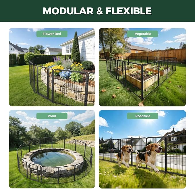 FXW Garden Fence Outdoor for the Yard – 32in(H) x 27.3ft(L) Heavy Duty Metal Animal Barrier for Dog, No Dig Decorative Dog Fence, 12 Panels, Black