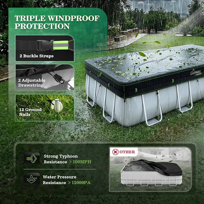 UIRWAY 500D Pool Cover 7x10FT Rectangular [2026 Upgraded Heavy Duty Fabric] Solar Pool Covers for Above Ground Pools, Swimming Pool Covers Including Windproof Straps and Luminous Ground, UV Resistant