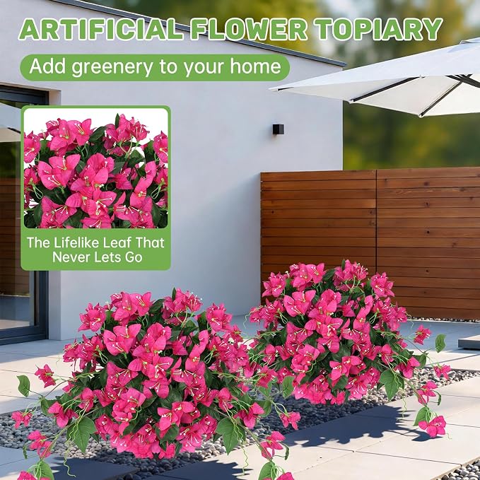 2Pack Artificial Bougainvillea Topiary Ball for Outdoor, Fake Silk Flowers Plants Bushes with Ground Spike, Faux UV Resistant Shurbs Trees for Outside,Front Porch,Patio,Balcony Decor