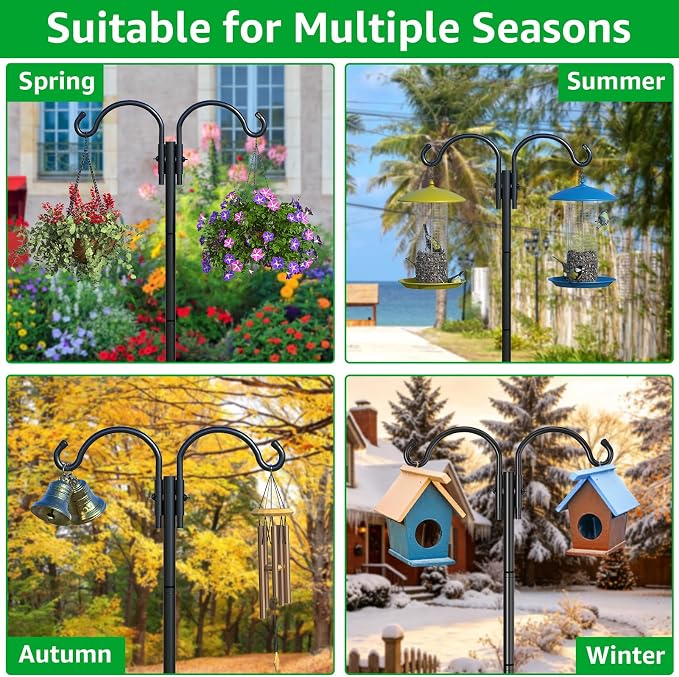 GOFORWILD Double Shepherds Hook for Outdoor, with 5-Prong Base, 84inch Adjustable Metal Bird Feeder Pole for Hanging Bird Nest, Plant Basket,Lantern,Solar Light 2 Pack