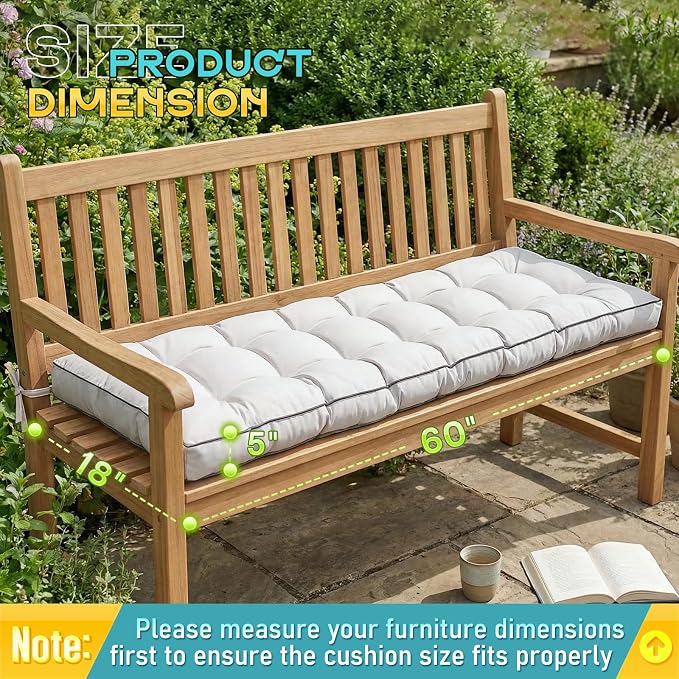 Outdoor Bench Cushion, Tufted Patio Seat Pad for Garden Bench, Porch Swing, Indoor/Outoor Furniture (Cream, 60X18X5)