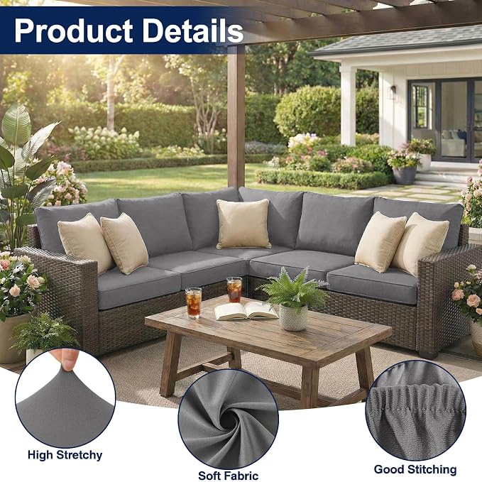 Smiry Waterproof Patio Cushion Covers, Stretch Outdoor Couch Slipcovers Replacement Washable Furniture Protector Sofa Chair Seat Cover for Dogs and Pets (8 Pcs, Grey)