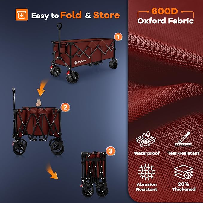 Originsure 48" L Collapsible Wagon Cart Foldable, 560lbs Weight Capacity 300L Heavy Duty Folding Beach Wagons with Big All-Terrain Wheels, Utility Carts for Groceries, Shopping, Camping, Sports-red