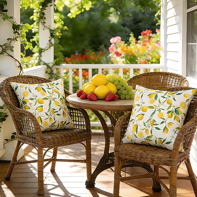 SquarePie Outdoor Pillow Covers 20x20 Inch Set of 2 - Waterproof Lemon Square Cushion Covers for Patio Garden Furniture, Summer Yellow Citrus Decorative Throw Pillow Cases for Couch Sofa Balcony Bench
