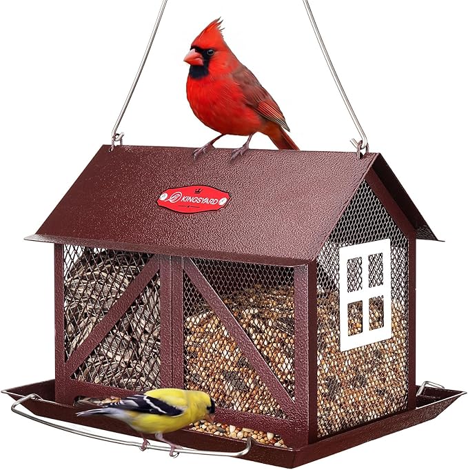 Kingsyard Metal Bird Feeder for Outdoors Hanging, 2-in-1 Wild Bird Feeder with Seed Tray & Built-in Perch, 5 lb Large Capacity for Cardinal Chickadee Finch, Bronze