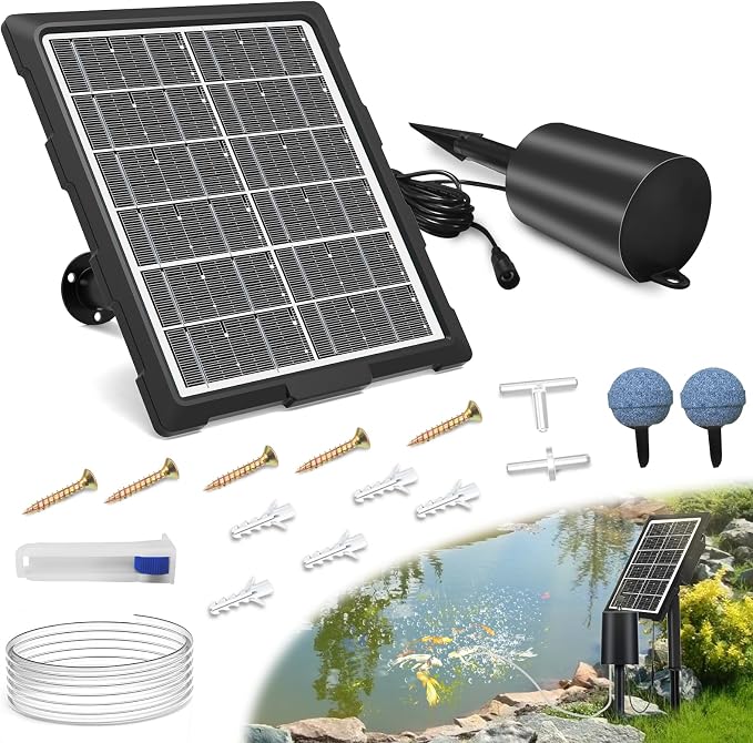 Lewisia 3W Solar Pond Aerator with Timer Air Pump Battery Aeration Kit Air Hoses and Bubble Stones Fish Tank Bubble Oxygenator
