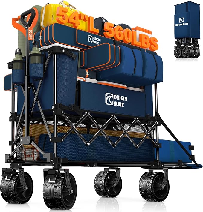 Originsure 400L Double Decker Wagon Collapsible with 54" L Tailgate, 560lbs Heavy Duty Carts Foldable, Extra Large Folding Beach Wagon with Big All-Terrain Wheels for Camping, Sports, Groceries, Blue