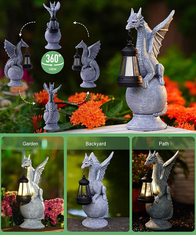 Solar Garden Dragon Statue: Outdoor Figurine with Lantern Lights | Weatherproof Resin Decorations, Home Yard Lawn Porch Balcony Patio Decor,Birthday Gifts for Mom Women Grandma
