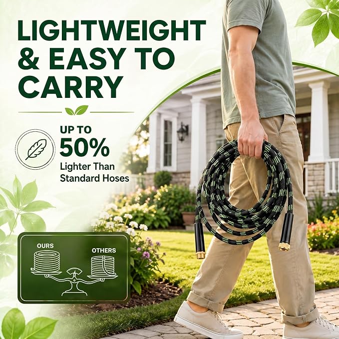 Garden Hose 25 FT, Non-Expanding Water Hose with 10 Pattern Spray Nozzle, Lightweight Flexible Kink-Resistant Garden Hose, Durable Outdoor Hose for Yard, Lawn, Patio, Garden, Car Washing, Black Green