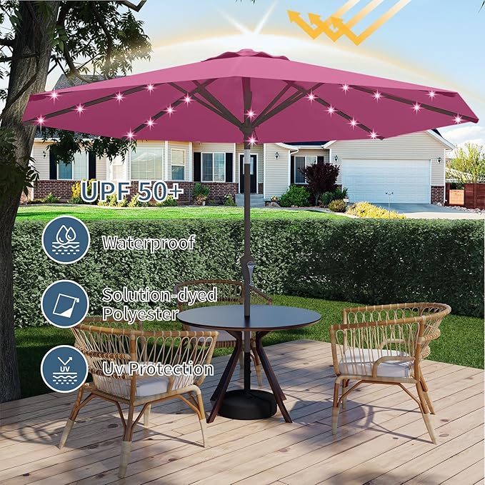 9FT Patio Umbrella with Solar Lights,Outdoor Market Umbrella with Tilt and Crank, LED Lighted Table Umbrella for Garden,Deck,Backyard,Pool,Beach