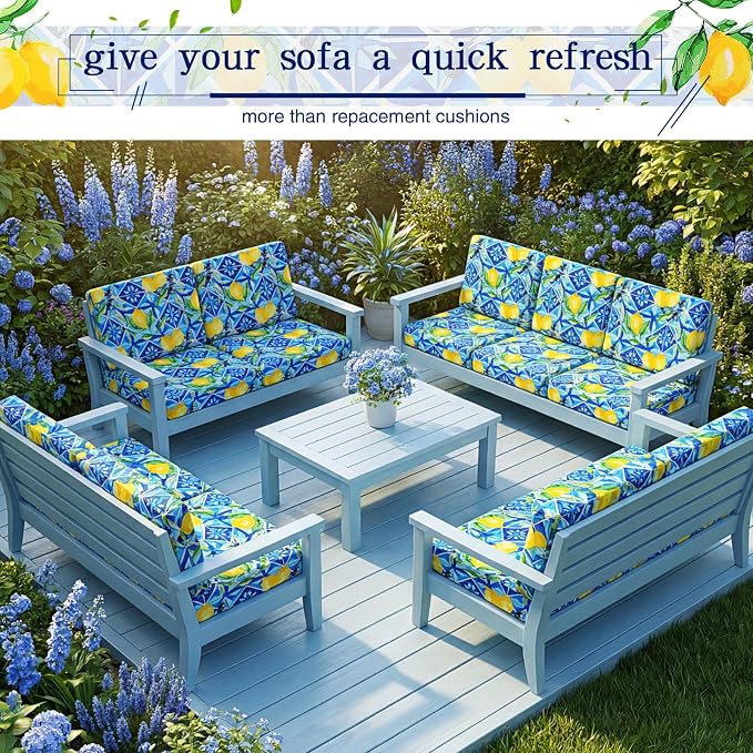 Newwiee 12 Pcs Patio Cushion Covers Outdoor Stretch Sofa Couch Cover Replacement Couch Slipcover Sofa Seat Chair Porch Patio Furniture Protector, Flexibility Washable(Blue Series,Yellow Lemon)