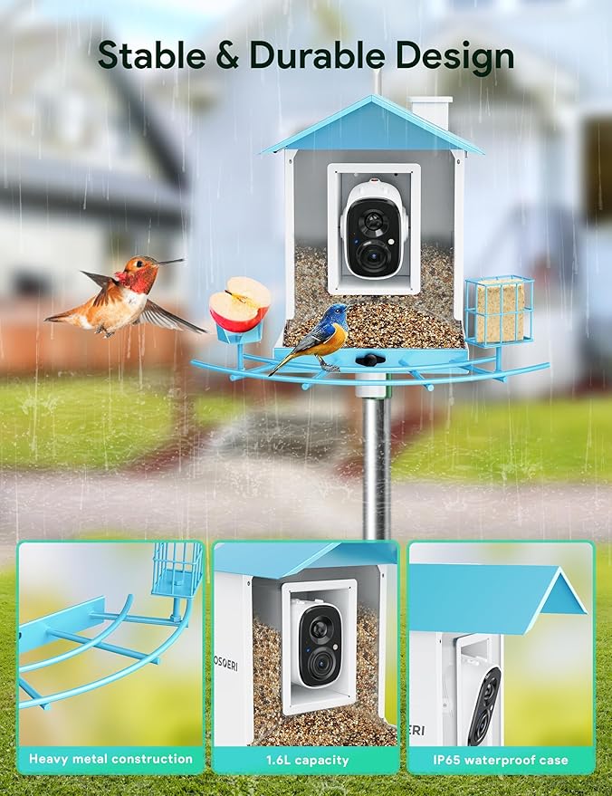 Osoeri Bird Feeder with Camera, Smart Bird Feeder Camera with AI Identify, Metal Bird Feeder with Suet Cage & Fruit Fork, Auto Capture Videos & Motion Detection, Ideal Gift for Bi rd Lovers