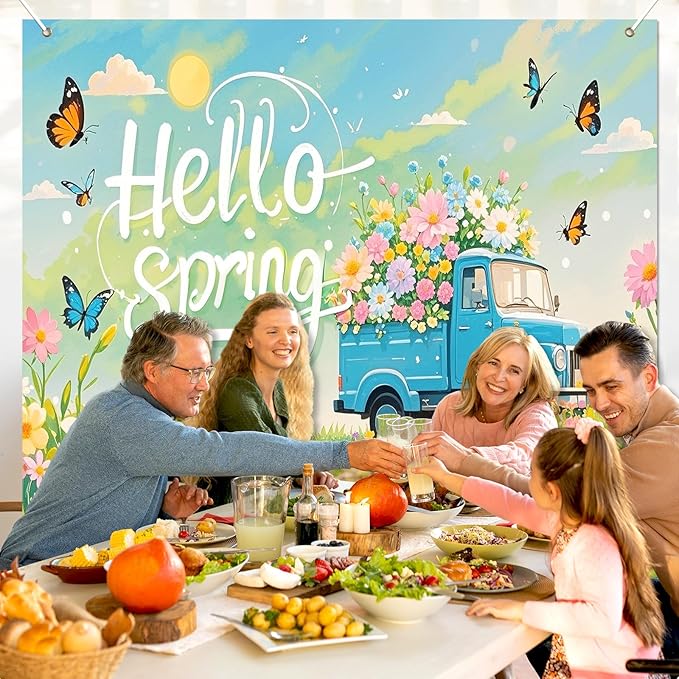 BlissYard Hello Spring Backdrop Decoration Garden Floral Banner 8x6ft Spring Photo Backdrop Vintage Truck Background for Spring Party Easter Celebration Photo Booth Event Wall Display