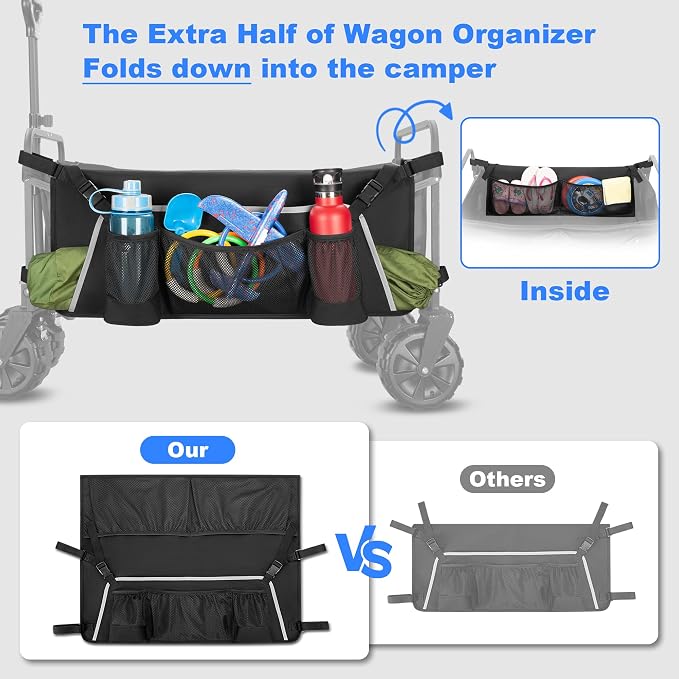 Collapsible Wagon Side Pocket with Reflective Strip, Folding Wagon Cart Storage Bag with Mesh Pouch for Umbrella, Foldable Accessories Bag for Outdoor, Camping, Black, Bag Only, Not Including Wagon