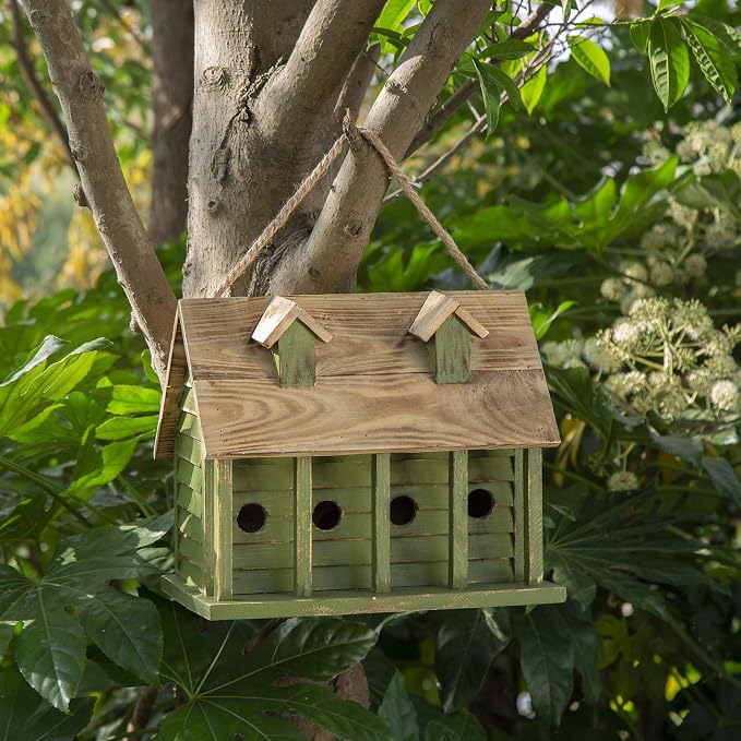 Glitzhome 14.25" L Wood Hanging Birdhouse for Outdoors Oversized Distressed Cottage Bird House Rustic Painted Bird House for Bluebird Wren Chickadee Sparrow Bird Nest Box for Garden Patio, Green