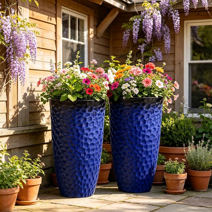 23.75" H Large Tall Outdoor Planters, Set of 2 Plastic Large Flower Pots for Outdoor Plants, Gradient Cobalt Blue Honeycomb Textured, Weather-Resistant for Porch, Garden, Patio or Indoor Use