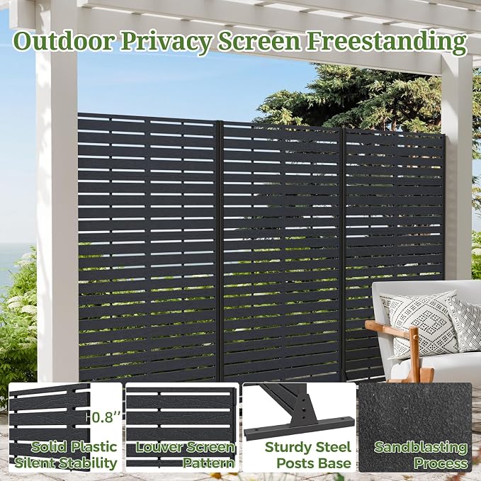 Privacy Screen Outdoor 60" Hx35 W Freestanding Privacy Panel with Stand, HDPE Decorative Privacy Fence with Sandblasting Louver Pattern, Patio Divider Screen, Privacy Screens for Outside