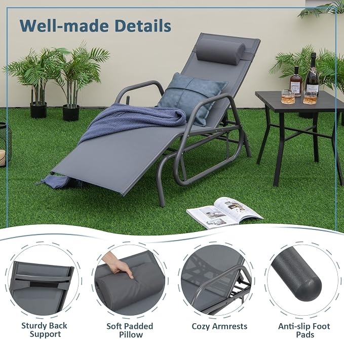 Tangkula Outdoor Glider Recliner Chair, Adjustable Backrest Patio Gliding Lounger Chair with Armrests and Pillow, Outdoor Swinging Rocking Chair with Breathable Fabric for Poolside, Backyard (2, Grey)