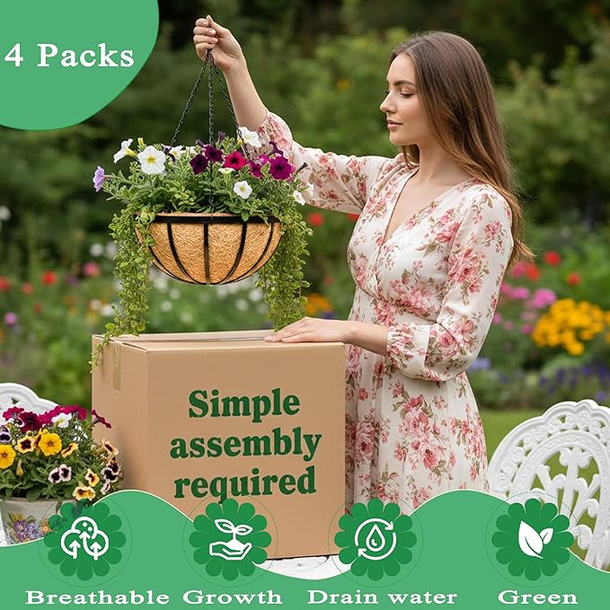 4 Pack 16 Inch Hanging Planters for Outdoor Plants Metal Hanging Planter Basket with Coco Coir Liner Round Plant Black Flat Iron Metal Flower Pots for Deck Patio Porch Garden Balcony