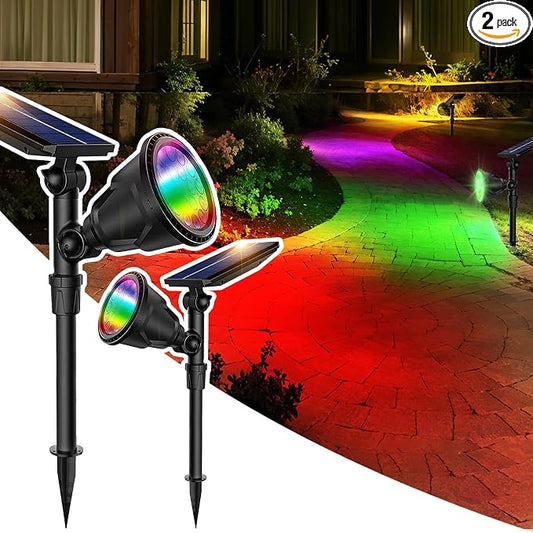 JSOT 2 Pack Christmas Solar Spotlights, RGB Solar Spot Light Outdoor Waterproof Color Changing Landscape Lighting with 9 Lighting Options Decor for Backyard Walkway Tree Lawn