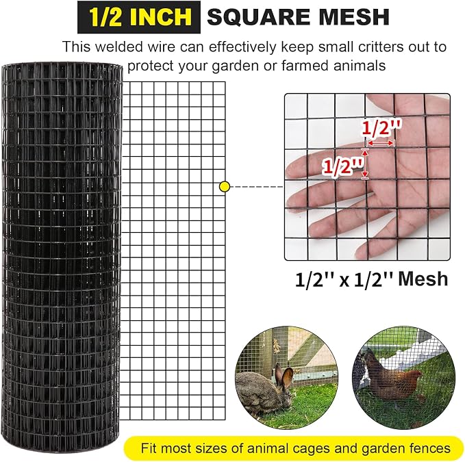 24'' x 50' 1/2inch Hardware Cloth 16 Gauge Black Vinyl Coated Welded Fence Mesh for Home and Garden Fence and Home Improvement Project