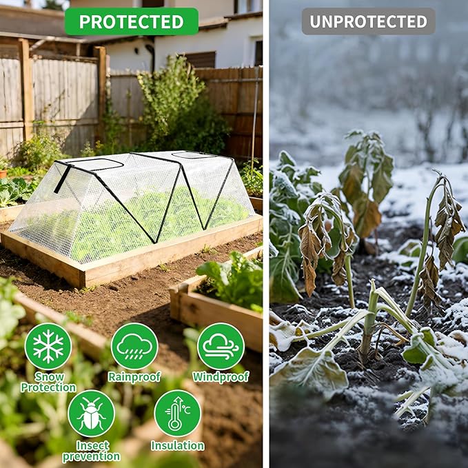 2Pack Foldable Garden Plants Covers with Two Dual Layer Skylights, 47.2" X 14.2" X 13" Raised Bed Greenhouse Cover, Garden Frost Protection for Vegetable Flower Fruits from Animals, Include 16 Stakes