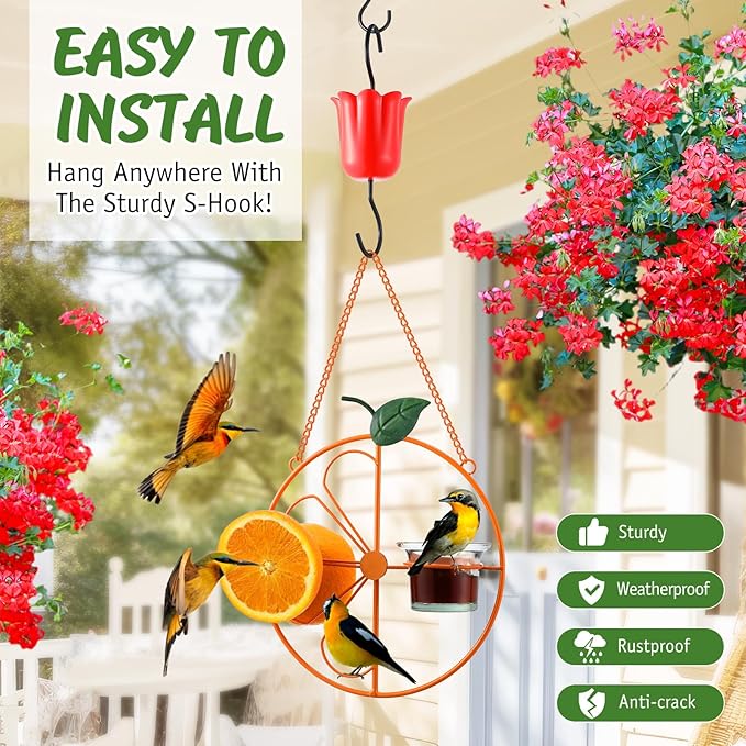 Baltimore Oriole Bird Feeder for Outdoors – Oriole Feeder with Ant Moat & Glass Bowl & Ant Moat & Cleaning Brush, Metal Hanging for Jelly, Nectar, Mealworms & Orange Halves(2 Pack)
