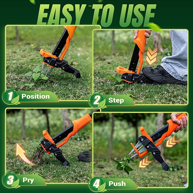 Weed Puller Tool - Stand Up Weed Puller with 4-Claw Steel Head, 39"-46" Retractable Handle & Easy-Eject Mechanism for Dandelions, Clover & More, No Bending or Kneeling