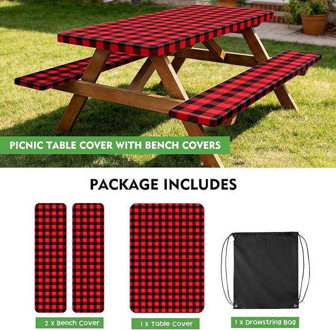Picnic Table Cover with Bench Covers, Fitted 6ft Waterproof Tablecloth Set for Outdoor Camping & RV - Includes 1 Table Cover & 2 Bench Covers with Drawstring Storage Bag, 30"x72", Red Black Grid