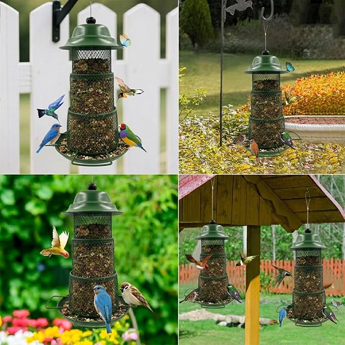 Green Metal Bird Feeder – Squirrel-Resistant Hanging Feeder with 4 Perches | Large Seed Capacity, 360° Mesh for Backyard & Garden, Round