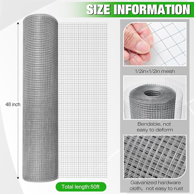 Tatuo Hardware Cloth 1/2 Inch 48in x 50ft Hot Dip Galvanized After Welded Cage Mesh Rolls 21 Gauge Metal Chicken Wire Roll Wire Fencing Poultry Netting for Raised Garden Rodent Animals(Silver)