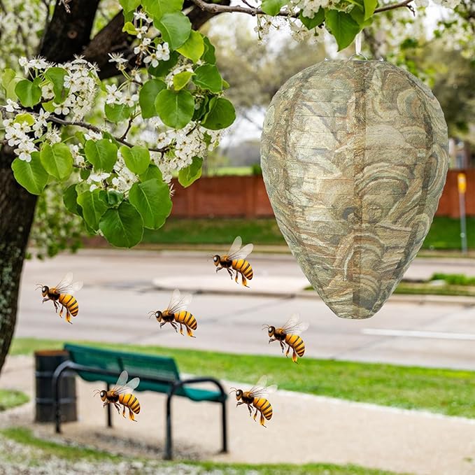 DECYOOL 4 Pack Paper Wasp Nest Decoy Hanging Wasp Nest Stay Away from Wasps Hornets Yellow Jackets(Brown Green)