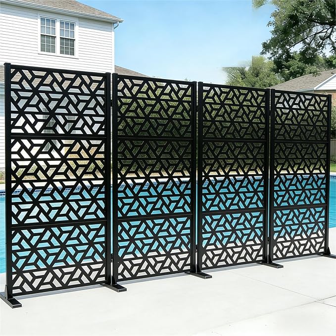 72" h x 47" w Outdoor Metal Privacy Screen, Freestanding Screen Panel with Stand, Privacy Fence and Room/Garden Divider, Weather-Resistant Steel for Patio, Garden, Balcony, or Backyard