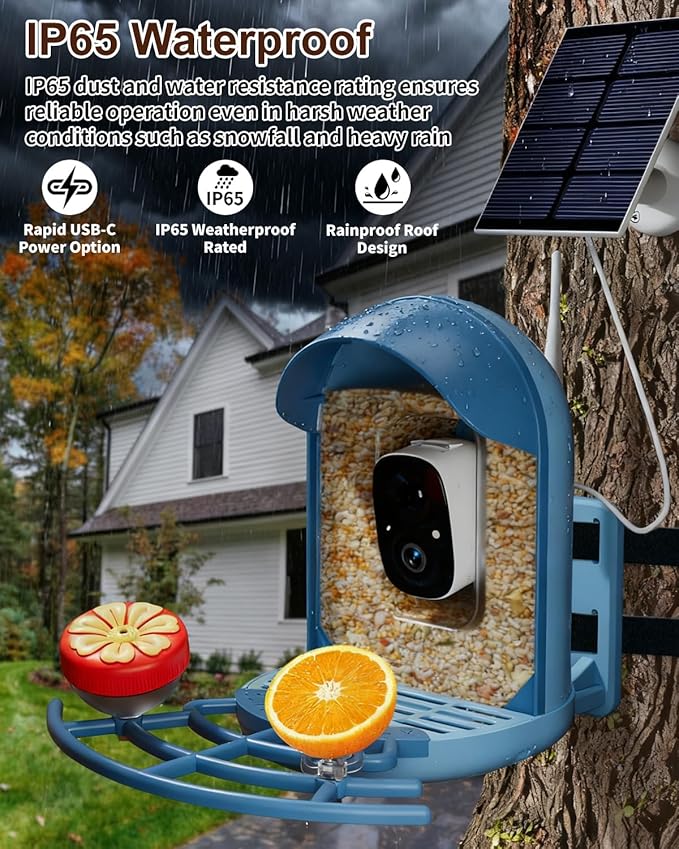 Smart Bird Feeder with 2K Camera, Solar Powered Wireless Birds House with APP Control, Night Vision, Motion Detection Alerts, IP66 Outdoor Birdfeeder for Backyard Garden Bird Watching,Blue