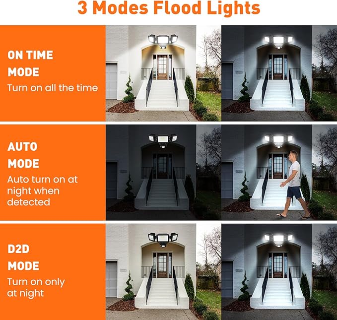ALUSSO Motion Sensor Outdoor Lights 120V, 36W 3000LM Flood Lights Outdoor Motion Sensor with Remote, Dimmable Brightness 3000K-6000K CCT IP65 3 Heads Outdoor Flood Light for House Garage 2 Pack