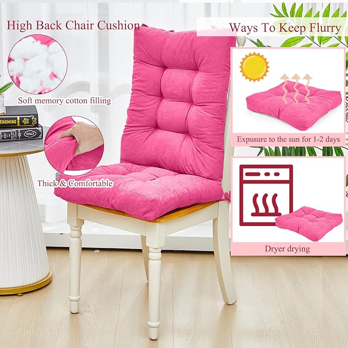 Juexica 4 Sets Outdoor Patio Chair Cushions Seat High Back Tufted Pillow Replacement Rocking Chair Cushions Pads for Patio Summer Seasonal Indoor Home Office(17 x 17 Inch,Pink)