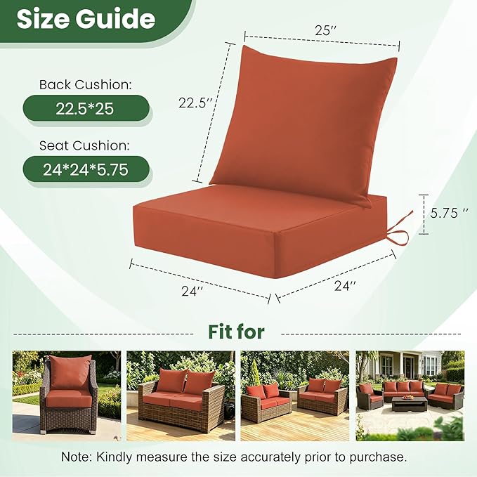 Patio Cushions for Outdoor Furniture, 24x24 Outdoor Couch Cushions, Waterproof & Fade-Resistant Patio Chair Cushions with Removable Cover, Replacement Outdoor Deep Seat Cushion, Spice (Set of 1)