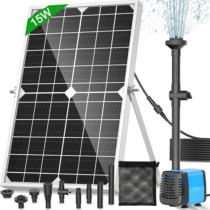 Solar Pond Pump, 15W Solar Fountain Pump with 190GPH Flow & 4 Spray Styles, 16.5Ft Extendable Power Cord, Debris Barrier Bag for Outdoor Fountain, Ponds, Fish Tank, Waterfall, Garden Water Features