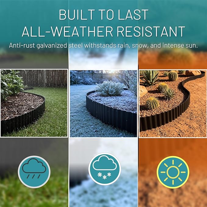 50FT Black Corrugated Metal Landscape Edging – Flexible & Rustproof Garden Edging Border, Decorative Metal Trim for Flower Beds, Lawn, Driveway, Walkway & Raised Beds