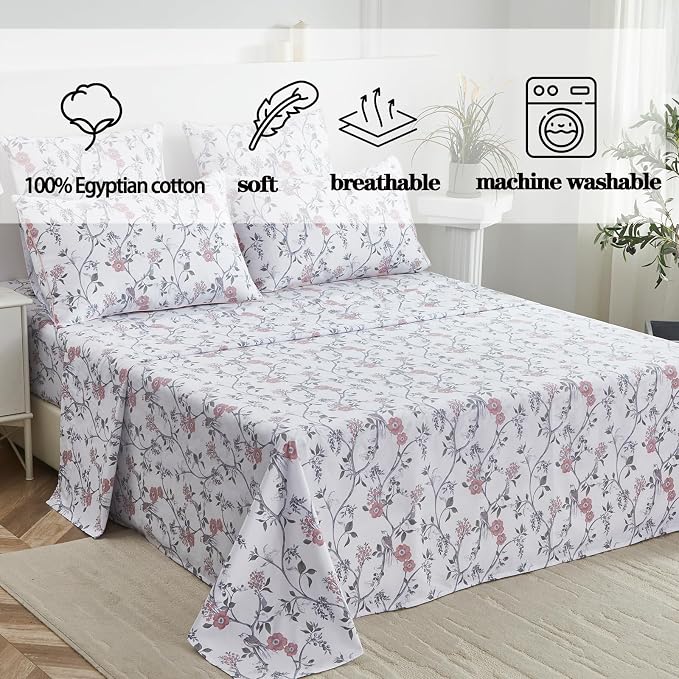 FADFAY Sheets Set Twin Rustic Bird Floral Bed Sheets Set Vintage Botanical Bedding Shabby Branches Leaves Bedding Collections 100% Egyptian Cotton Breathable Soft 17.7" Deep Pocket 4Pcs, Twin Size