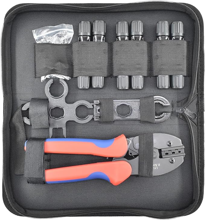 Heavy Duty Solar Cable Crimping Tool Kit, 6 Pairs Solar Panel Connectors, 1Pcs Solar Cable Crimper,1Pcs straight and Cross Spanner Wrenches, Solar Wire Crimping Tool for PV Cable Installation, Black