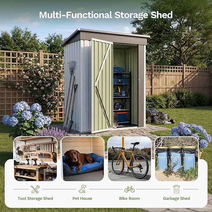 Greesum 5x3FT Outdoor Storage Shed with Base, Utility Tool Shed with Sloping Roof, Metal Storaged Garden Shed with Door & Lock for Patio Storage, White