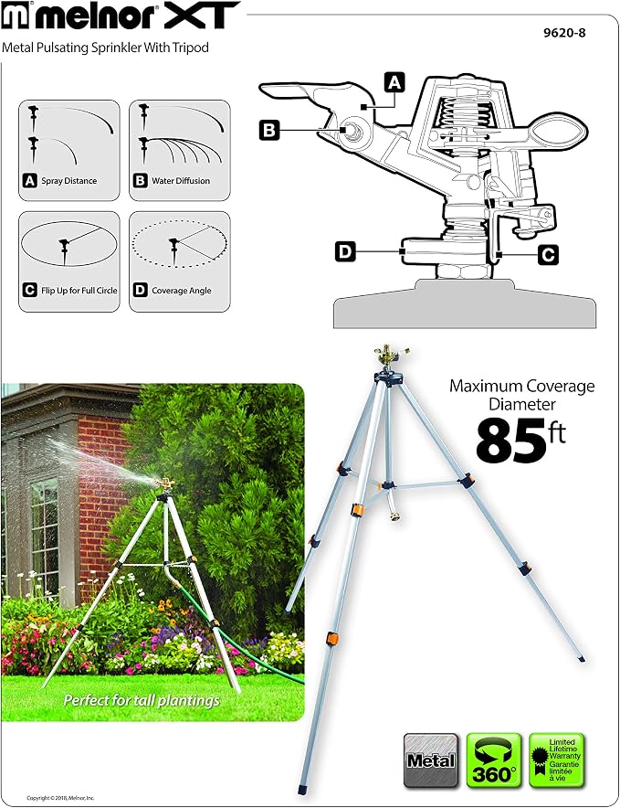 Melnor 65162AMZ Metal Pulsating Sprinkler with QuickConnect Set, Amazon Bundle, XT Tripod